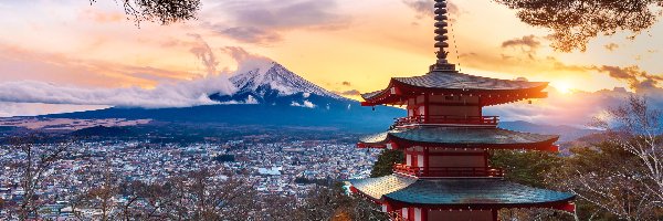 Góra, Fudżi, Miasto Fujiyoshida, Chureito Pagoda, Prefektura Yamanashi, Świątynia, Mount Fuji, Japonia, Wyspa Honsiu