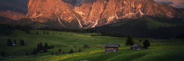 Drewniane, Góry Sassolungo, Włochy, Chmury, Dolina, Val Gardena, Drzewa, Dolomity, Płaskowyż Seiser Alm, Domy