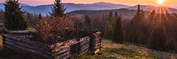 Mszana Dolna, Gorce, Polana Adamówka, Polska, Góry, Promienie słońca