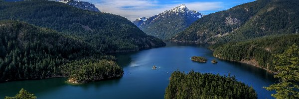 Góry, Jezioro, Stany Zjednoczone, Stan Waszyngton, Diablo Lake, Drzewa, Lasy, Park Narodowy Północnych Gór Kaskadowych