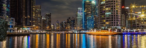 Rzeka, Miasto nocą, Wieżowce, Zjednoczone Emiraty Arabskie, Dubaj