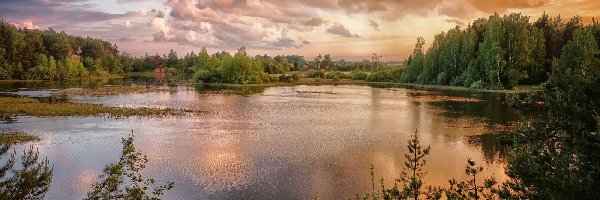 Chmury, Drzewa, Domy, Zachód słońca, Trawa, Jezioro