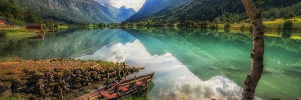 Łódka, Fiord Sognefjorden, Brzeg, Norwegia, Okręg Sogn og Fjordane