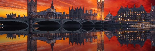 Londyn, Westminster, Anglia, Big Ben, Wielka Brytania, Most, Rzeka Tamiza, Zachód słońca