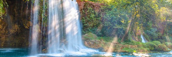 Turcja, Skały, Rzeka, Duden Waterfalls, Wodospad, Antalya, Drzewa