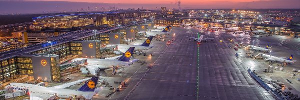 Samoloty, Frankfurt nad Menem, Niemcy, Lotnisko, Wschód słońca, Budynek