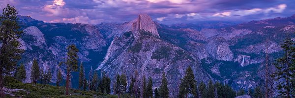 Drzewa, Glacier Point, Stany Zjednoczone, Kalifornia, Góry, Zachód słońca, Park Narodowy Yosemite, Punkt widokowy