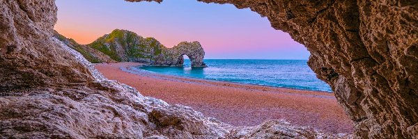 Morze, Hrabstwo Dorset, Durdle Door, Łuk wapienny, Plaża, Wybrzeże Jurajskie, Skały, Anglia