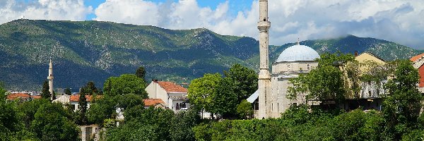Drzewa, Meczet Koski Mehmed Pasha, Rzeka Neretva, Góry, Mostar, Bośnia i Hercegowina