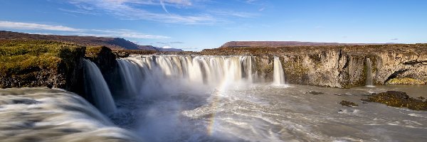 Skały, Rzeka, Wodospad Godafoss, Islandia, Tęcza