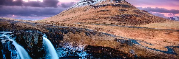 Islandia, Góra Kirkjufell, Wodospad Kirkjufellsfoss, Szczyt, Ośnieżony, Półwysep Snaefellsnes, Rzeka