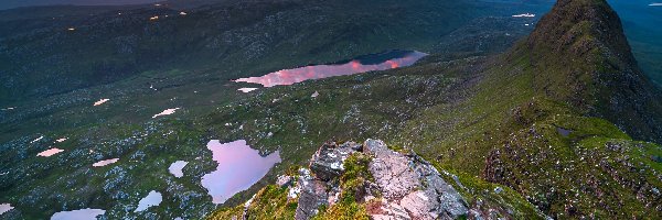 Wschód słońca, Góra Suilven, Skały, Region Inverpolly, Assynt, Szkocja