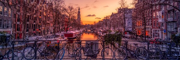 Kanał, Wschód słońca, Amsterdam, Rowery, Holandia, Domy, Zima, Drzewa