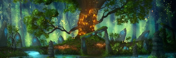 Kamienie, Drzewo, Runy, Fantasy, Grafika, Ptaki, Rzeka