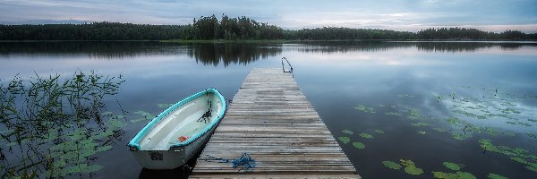 Szwecja, Jezioro, Muskan Lake, Pomost, Drewniany, Trawa, Łódka