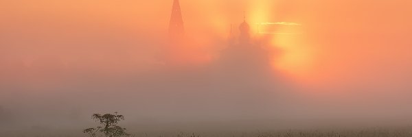 Wschód słońca, Obwód jarosławski, Roślina, Łąka, Osenevo, Mgła, Cerkiew, Rosja