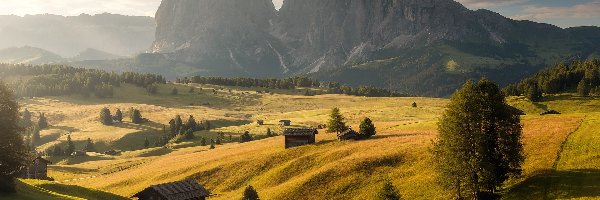 Drewniane, Góry Sassolungo, Dolina Val Gardena, Płaskowyż Seiser Alm, Włochy, Chmury, Drzewa, Dolomity, Domki