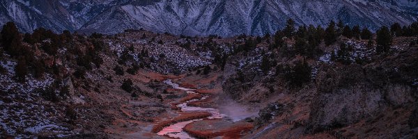 Lasy państwowe, Kalifornia, Zachód słońca, Hot Creek, Góry, Dolina, Rzeka, Stany Zjednoczone, Miejscowość Mammoth Lakes, Inyo National Forest