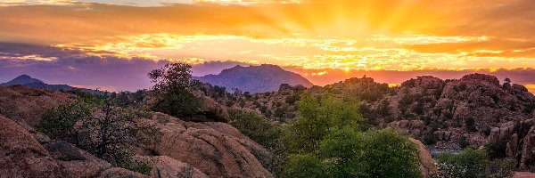 Skały, Góry, Stany Zjednoczone, Arizona, Granitowe, Granite Dells, Prescott, Zachód słońca