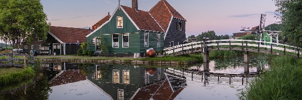 Holandia, Most, Kanał, Wiatrak, Domy, Zaandam, Skansen Zaanse Schans