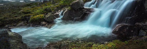 Wodospad, Góry Jotunheimen, Norwegia, Rzeka, Chmury, Skały