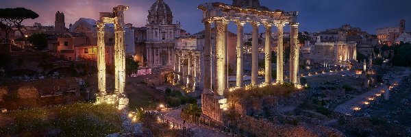 Rzym, Świątynia Saturna, Ruiny, Włochy, Forum Romanum, Światła, Noc