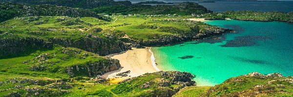 Góry, Zatoka, Szkocja, Achmelvich Beach, Achmelvich Bay, Skały, Plaża, Morze