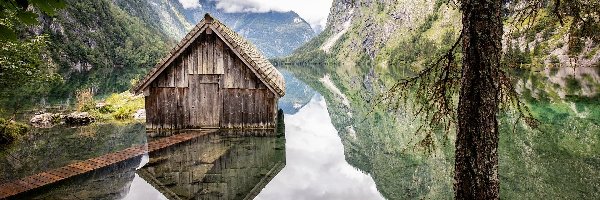 Alpy, Góry, Pomost, Domek, Drewniany, Niemcy, Bawaria, Jezioro Obersee, Park Narodowy Berchtesgaden