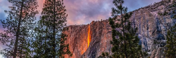 Poświata, Horsetail Fall, Yosemite Firefall, Stany Zjednoczone, Drzewa, Wodospad, Góra, Pomarańczowa, Skalista, Kalifornia, Park Narodowy Yosemite