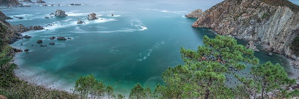 Silence Beach, Zatoka, Hiszpania, Asturia, Plaża, Skały, Drzewa, Morze