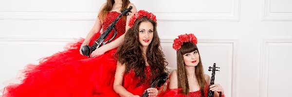 Instrumenty, Czerwone, Suknie, Muzyczne, Dziewczyny, Trzy