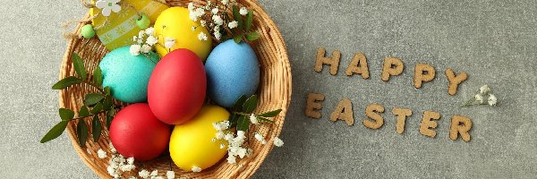 Wielkanoc, Koszyk, Pisanki, Happy Easter, Napis