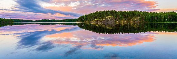 Finlandia, Lasy, Drzewa, Saimaa Lake, Jezioro, Chmury, Odbicie