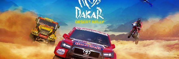 Motocykl, Toyota, Samochody, Dakar Desert Rally, Gra, Plakat, Pustynia, Iveco, Helikopter