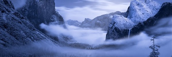 Mgła, Park Narodowy Yosemite, Stany Zjednoczone, Góry, Yosemite Valley, Drzewa, Lasy, Zima, Dolina, Stan Kalifornia