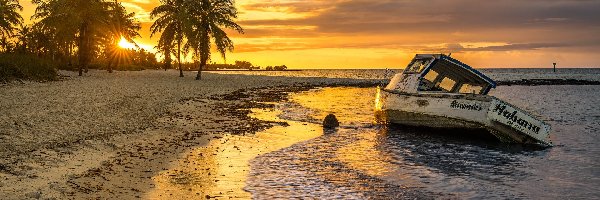 Smathers Beach, Plaża, Palmy, Zachód słońca, Morze, Stany Zjednoczone, Floryda, Łódka, Przylądek Key West