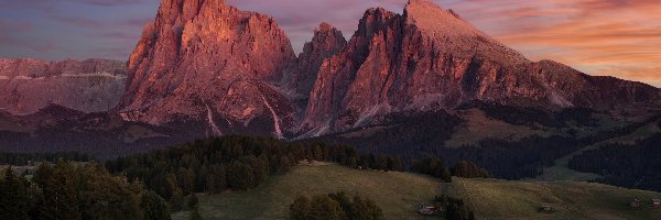 Drzewa, Dolomity, Drewniane, Sassolungo, Włochy, Płaskowyż, Dolina Val Gardena, Chmury, Seiser Alm, Góry, Domki