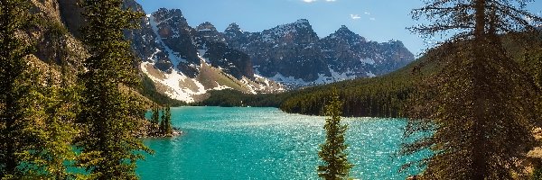 Kanada, Jezioro, Moraine Lake, Drzewa, Góry, Alberta, Park Narodowy Banff