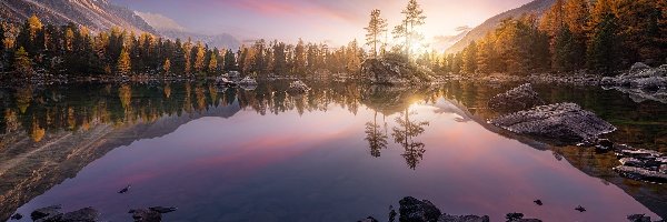 Miejscowość Poschiavo, Góry, Szwajcaria, Wschód słońca, Drzewa, Jesień, Kamienie, Jezioro Saoseo, Lasy, Kanton Gryzonia