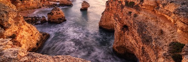 Promienie słońca, Algarve, Skały, Morze, Wybrzeże, Portugalia