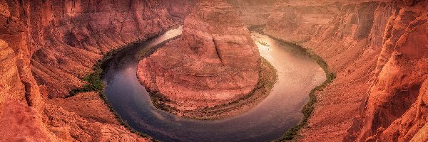 Zachód słońca, Kanion, Stany Zjednoczone, Horseshoe Bend, Rzeka, Kolorado River, Zakole, Park Narodowy Glen Canyon, Skały, Arizona