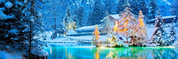 Drzewa, Śnieg, Szwajcaria, Odbicie, Dom, Góry, Jezioro Blausse, Zima