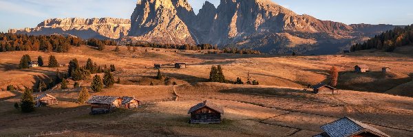 Drewniane, Góry, Włochy, Drzewa, Płaskowyż Seiser Alm, Dolina, Val Gardena, Dolomity, Sassolungo, Domy