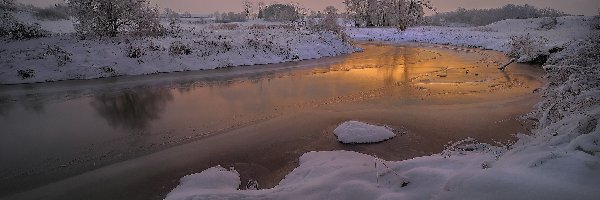 Drzewa, Wschód słońca, Rzeka, Zima