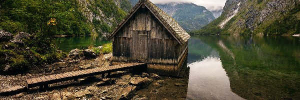 Alpy, Park Narodowy Berchtesgaden, Niemcy, Bawaria, Góry, Domek, Kamienie, Jezioro Obersee