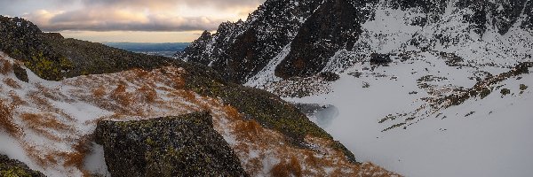 Niebo, Góry, Skały, Chmury, Ośnieżone, Zima