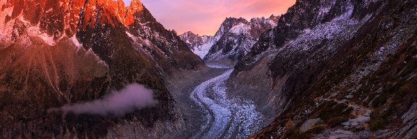 Mont Blanc, Alpy, Francja, Zachód słońca, Masyw, Lodowiec, Mer de Glace, Góry