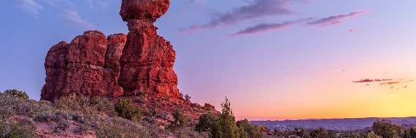 Stany Zjednoczone, Balanced Rock, Krzewy, Skała, Wschód słońca, Utah, Park Narodowy Arches