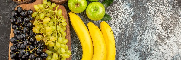Owoce, Banany, Winogrona, Jabłka, Deska