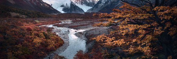 Rzeka, Andy, Argentyna, Jesień, Cerro Torre, Park Narodowy Los Glaciares, Drzewa, Góry, Szczyt, Patagonia